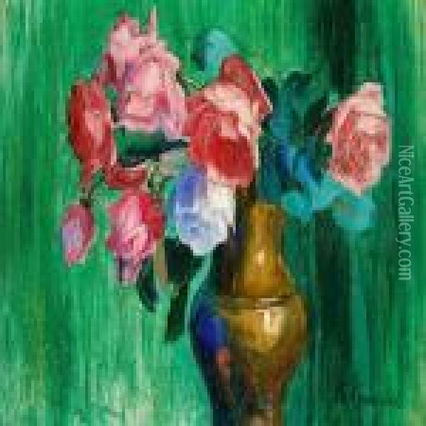 Emerald Green Still Life With Roses In A Vase Oil Painting - Boris Kustodiev