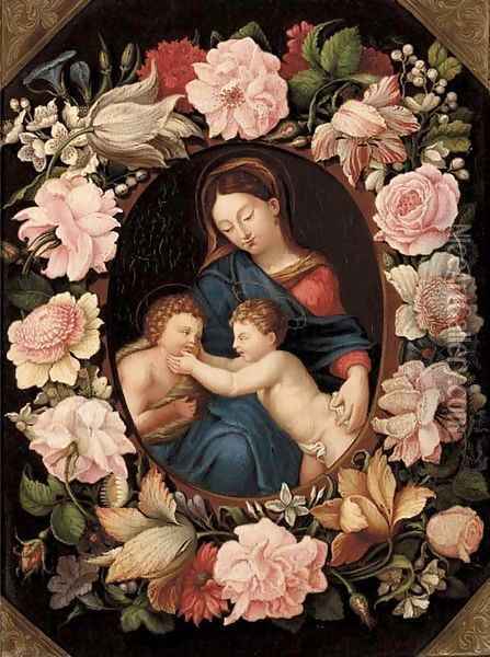 The Madonna and Child with the Infant Saint John the Baptist in a floral cartouche Oil Painting - Erasmus II Quellin (Quellinus)