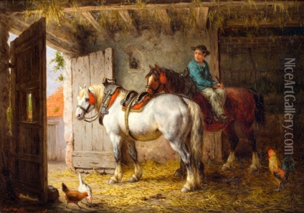 Boerenjongen Met Werkpaarden In Een Stal Oil Painting - Willem Jacobus Boogaard