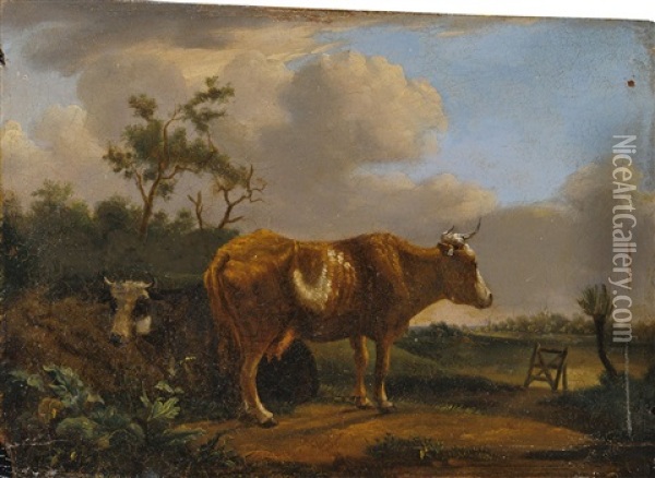 Landschaft Mit Einer Stehenden Und Einer Lagernden Kuh Oil Painting - Paulus Potter
