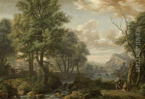 Mediterrane Flusslandschaft Mit Figuren Oil Painting - Isaac de Moucheron