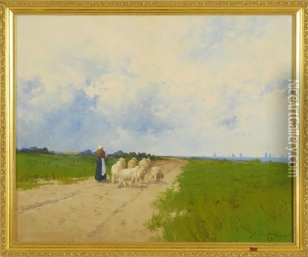 Shepherdess And Sheep On A Country Road Oil Painting - Clarence E. Braley