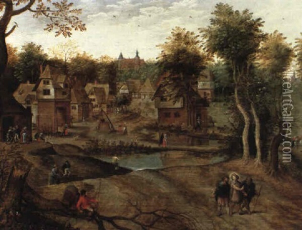 Christ On The Road To Emmaus, A Village Scene Beyond Oil Painting - Pieter Brueghel the Younger