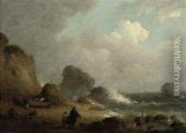 Figures On A Beach, Boats Beyond Oil Painting - George Morland