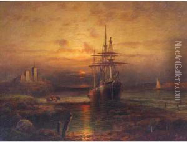 Ships In Moonlight Oil Painting - Elisha (Taylor) Baker