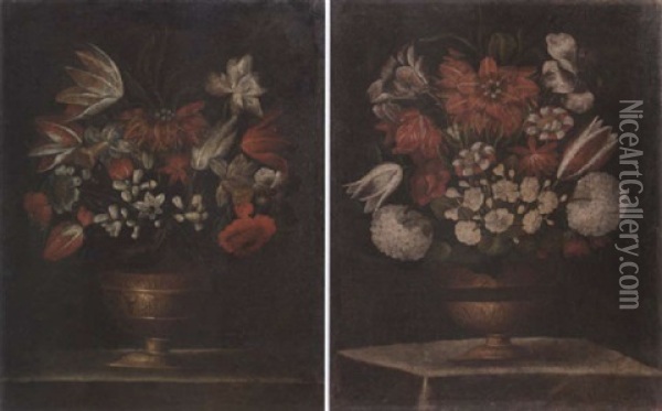 Tulips, Daffodils, Narcissi And Other Flowers In A Gilt Vase On A Ledge Oil Painting - Giacomo Recco