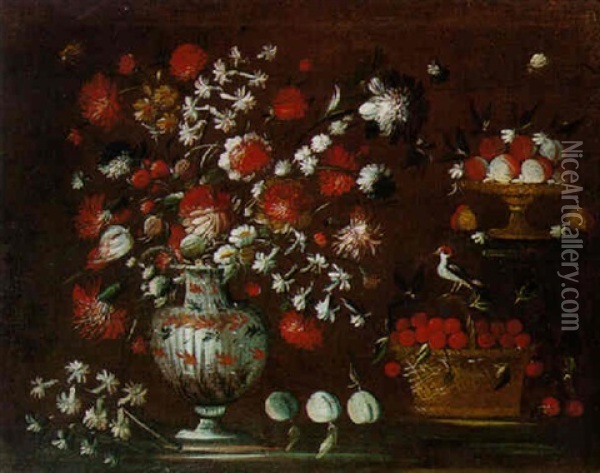 Nature Morte Au Bouquet De Fleurs,cerises Et Oiseau Sur Un Etablement Oil Painting - Blas de Ledesma Prado