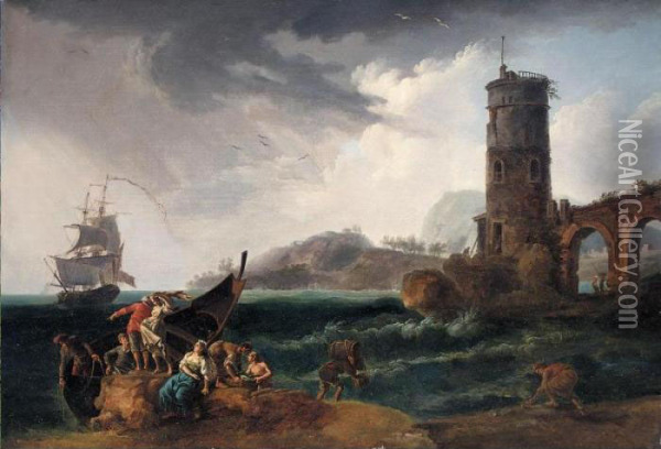 Fishermen Arriving On Shore Before A Storm Oil Painting - Claude-joseph Vernet