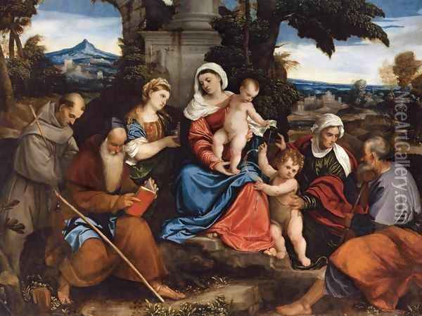 Holy Family with Saints Oil Painting - Bonifacio Veronese (Pitati)