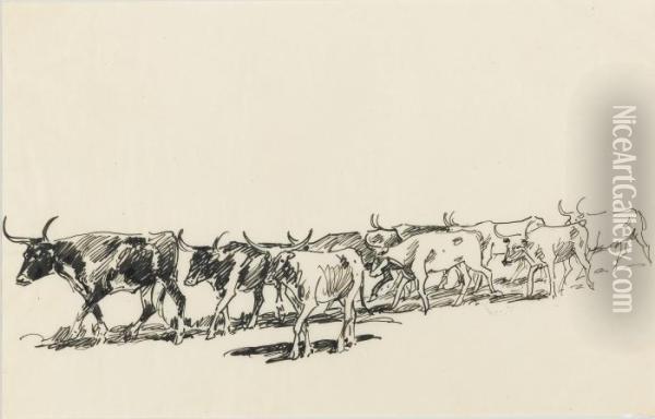 Standing Herd Oil Painting - John Edward Borein