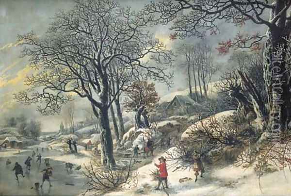 A frozen river landscape with huntsmen and skaters Oil Painting - Daniel van Heil