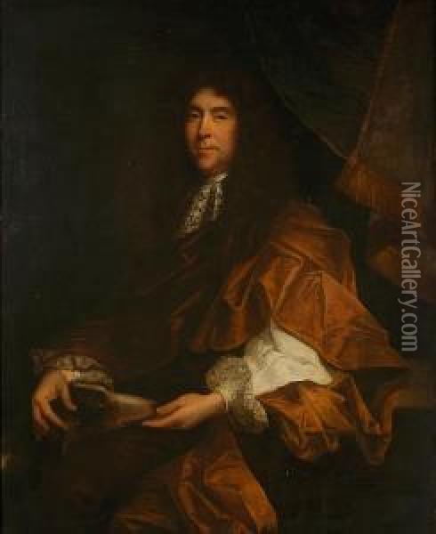 Portrait Of James Gulston Of 
Widial, Three-quarter Length, Seated With His Dog, With Tassled Curtain 
And Landscape Beyond Oil Painting - John Riley