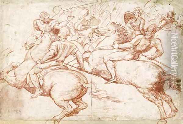Studies After Raphael Two Horsemen Recoiling, With Soldiers In The Background Oil Painting - Boccaccio Boccaccino