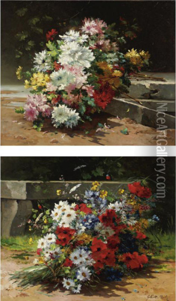 Bouquets Of Flowers: A Pair Of Paintings Oil Painting - Charles Gilbert-Martin