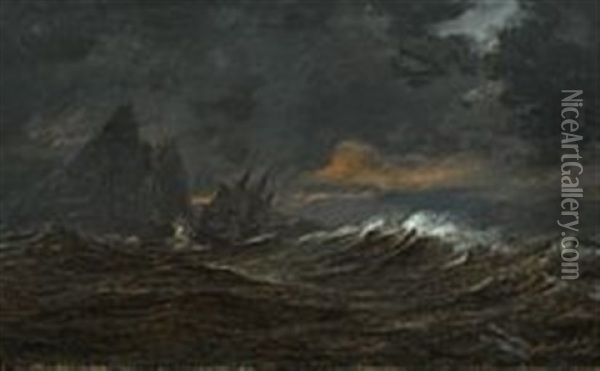 The Danish Frigate Gefion In Stormy Weather Near Gibraltar Oil Painting - Daniel Hermann Anton Melbye