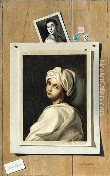 A Trompe L'?il Of A Portrait Of Beatrice Cenci, Formerly Attributed To Guido Reni, And Another Portrait Of A Lady, Together With Three Stamps, Pinned To A Wood-panelled Wall Oil Painting - Francesco Alegiani