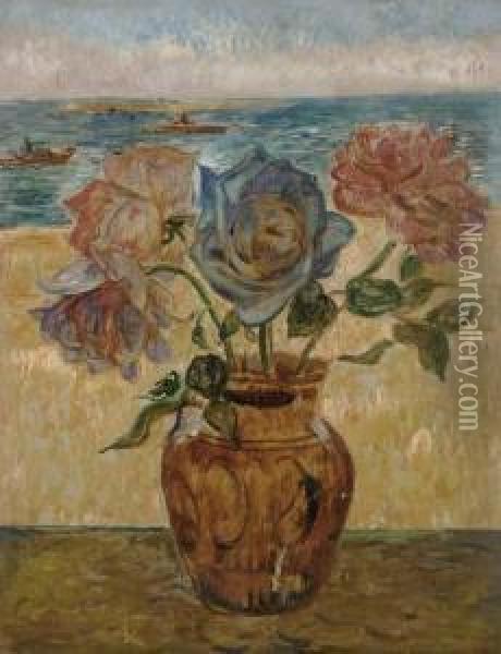 Vase De Fleurs Devant La Mer Oil Painting - Rene Piot