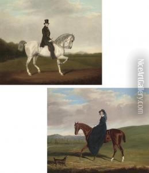 Portrait Of A Gentleman In A 
Green Coat On A Grey Stallion In Alandscape; And Portrait Of A Lady In A
 Blue Dress On A Chestnutmare With A Dog In A Landscape Oil Painting - James Loder Of Bath