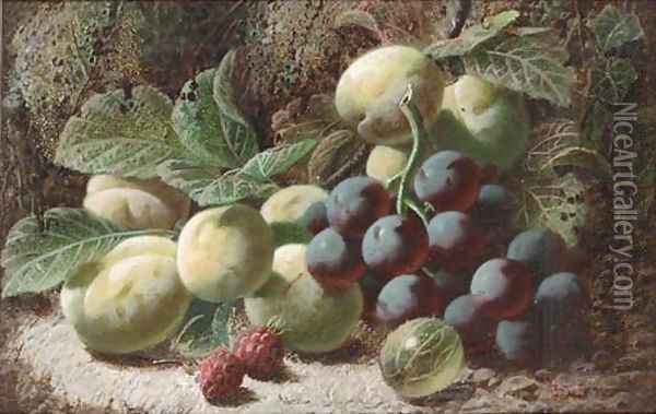 Grapes, greengages, raspberries, and a gooseberry, on a mossy bank Oil Painting - Oliver Clare