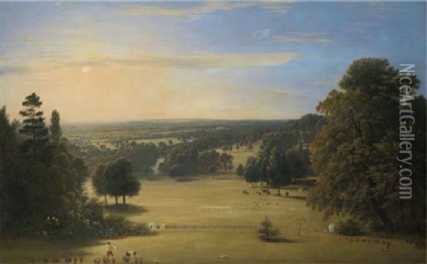 View From Lord Northwick's Villa At Harrow On The Hill, With Gardeners And Other Figures In The Foreground And London In The Distance Oil Painting - John Glover
