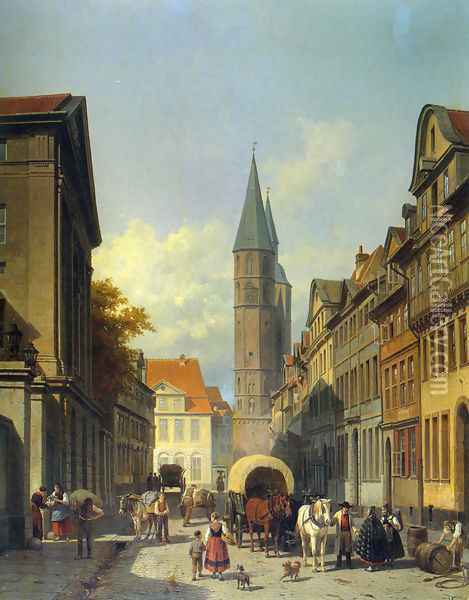 A Busy Street in a German Town Oil Painting - Jacques Carabain