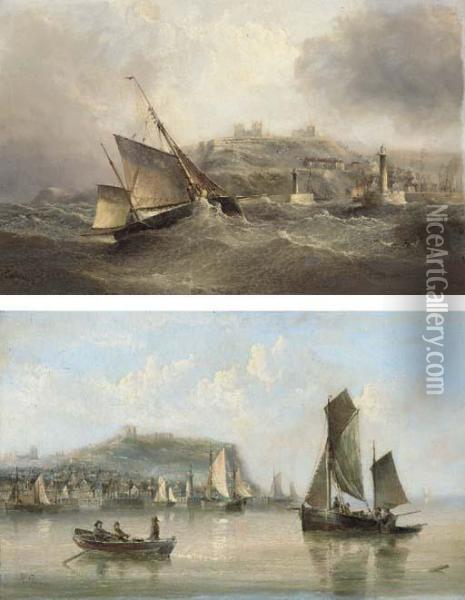 Reducing Sail At The Entrance To
 Whitby Harbour; And The Fishing Fleet Returning To Scarborough Oil Painting - Henry Redmore