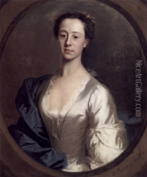 Portrait Of Catherine Gale Wearing A Silver Silk Dress, And A Blue Shawl, With Flowers In Her Hair Oil Painting - Allan Ramsay