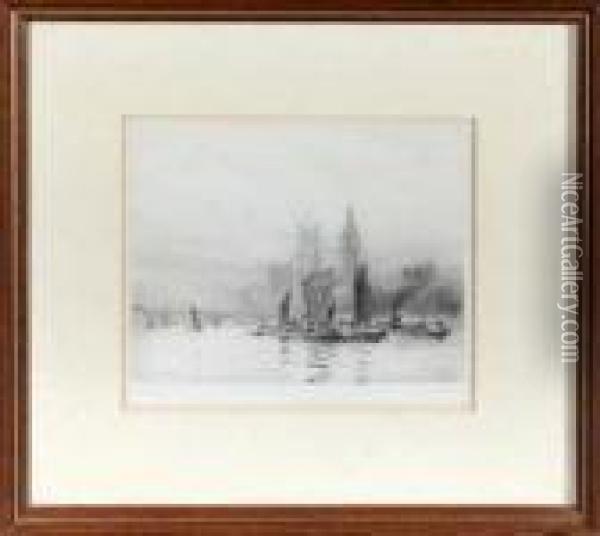 Thames Barges Beside The Houses Of Parliament Oil Painting - William Lionel Wyllie
