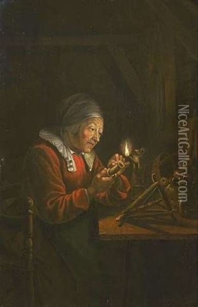 Alte Frau Mit Spindel Bei Kerzenschein Oil Painting - Arnold Boonen