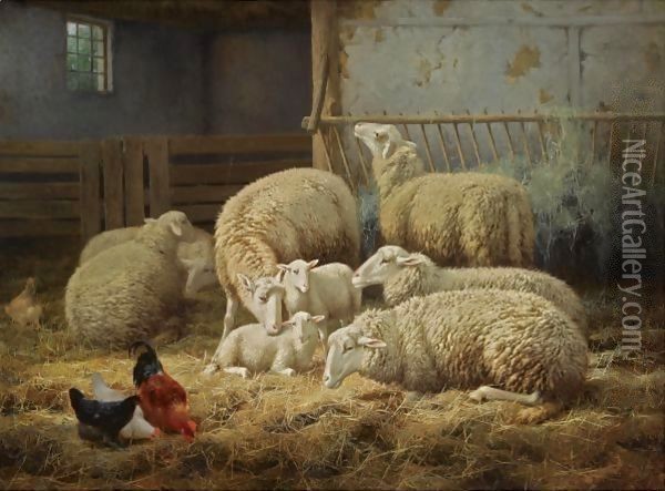 Sheep And Chickens In A Barn Oil Painting - Theo van Sluys