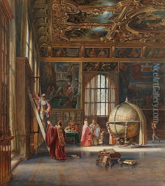 The Interior Of The Sansovino Hall, The Marciana Library, Venice Oil Painting - Carl Friedrich H. Werner