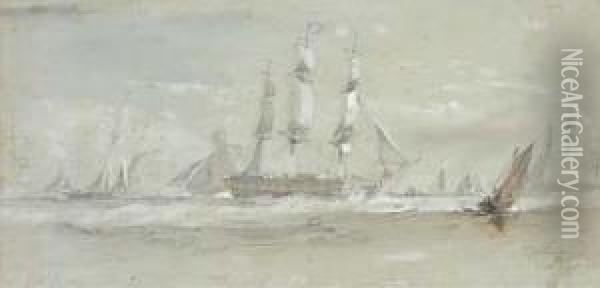 A Frigate, Admiralty Cutters And Other Shipping At Spithead Oil Painting - Sir Oswald Walter Brierly