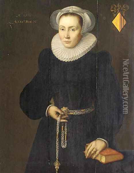 Portrait of a lady, aged 30, three-quarter-length, in a black dress with a white ruff, a pomander in her right hand, her left arm resting on a book Oil Painting - Michiel Jansz. van Mierevelt