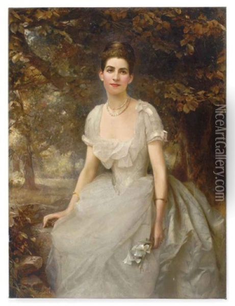 Portrait Of Vere Monckton-arundell, Seated, In A White Evening Dress Holding Lilies In A Landscape Oil Painting - Edward Hughes