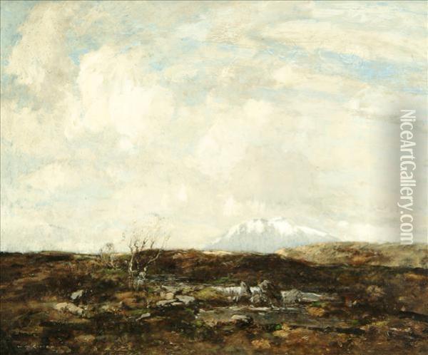 Uplandlandscape With Snow Capped Mountain Beyond Oil Painting - William Alfred Gibson