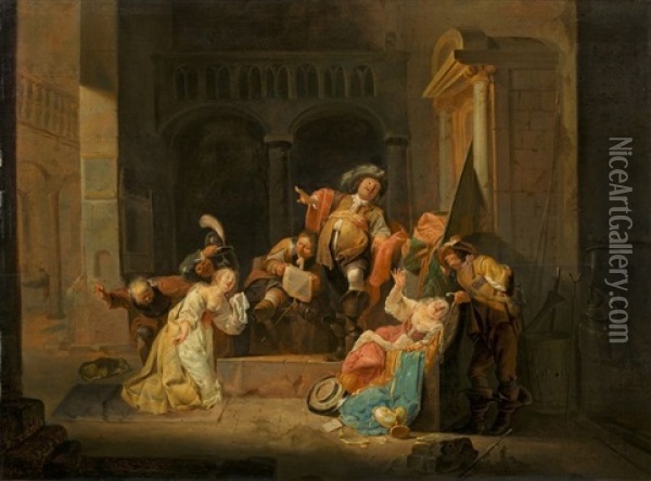 Guardroom Scene: The Guards Ignore A Crying Lady Oil Painting - Maerten Stoop