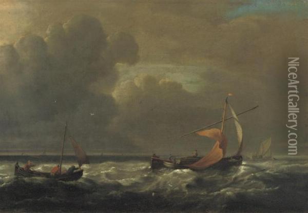 Sailing Boats In Choppy Waters Oil Painting - Willem van de, the Elder Velde