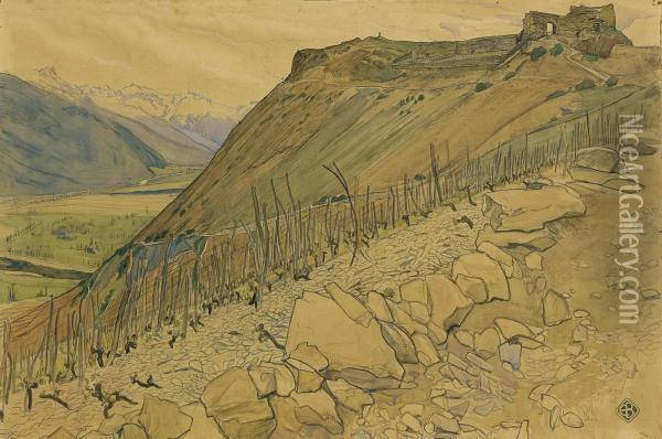 Vue De La Vallee Du Rhone Oil Painting - Ernest Bieler