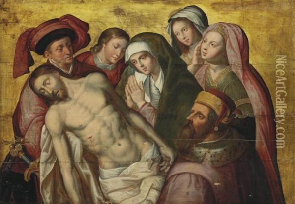 The Lamentation With Mary Magdalene, Saint John The Evangelist Oil Painting - Follower of Hugo van der Goes