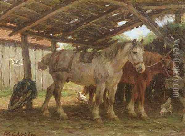 Two horses in a stable Oil Painting - Willem Carel Nakken