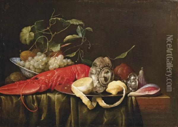 A Lobster, Grapes And Walnuts In A Porcelain Bowl Oil Painting - Joris Van Son