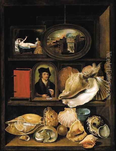 A still life of shells, paintings and books on recessed shelves Oil Painting - Hieronymus II Francken