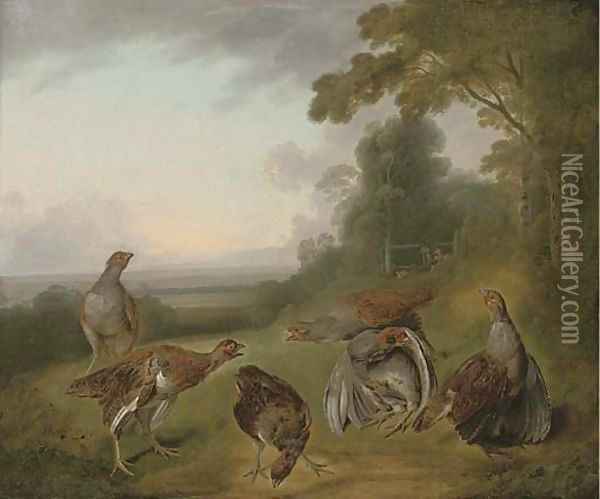 Grey partridge in a extensive landscape, with hunters beyond Oil Painting - Stephen Elmer