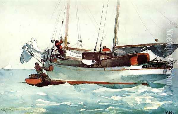 Taking on Wet Provisions (Schooner marked Newport, K.W.) Oil Painting - Winslow Homer