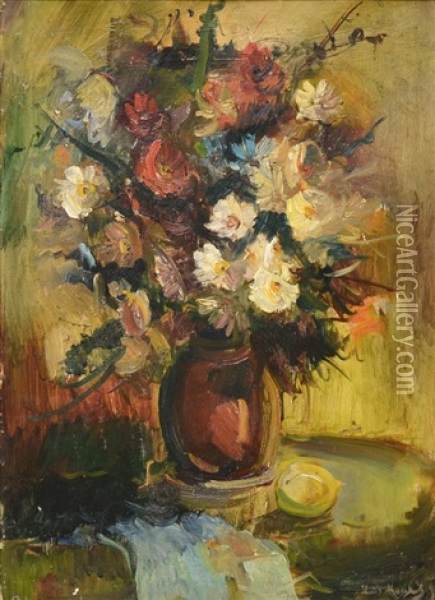 Still Life With Flowers In A Red Vase On A Table Oil Painting - Ilya Ivanovich Mashkov