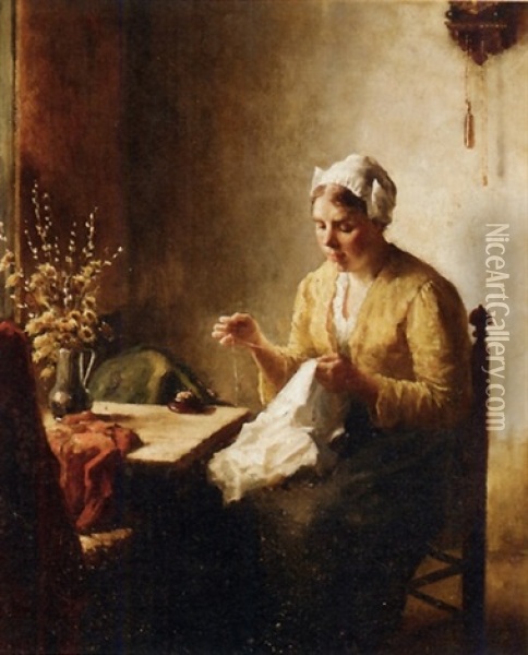 A Woman Sewing In An Interior Oil Painting - Bernard de Hoog