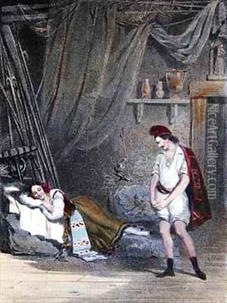 Scene depicting the mute girl Fenella asleep in a hut with her brother Masaniello Oil Painting - Emile Deshays