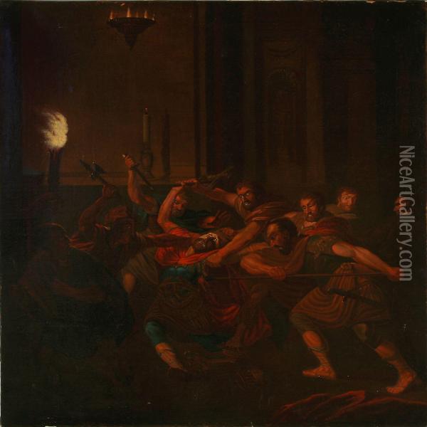 The Murder Of King Canute The Holy Of Denmark In St. Albani Church In Odense In The Year 1086. Oil Painting - Erik Pauelsen