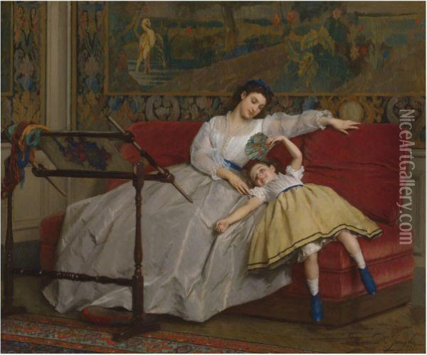 Mother With Her Young Daughter Oil Painting - Gustave Leonhard de Jonghe