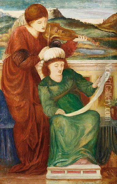 Two Figures In A Classical Landscape Oil Painting - Sir Edward Coley Burne-Jones